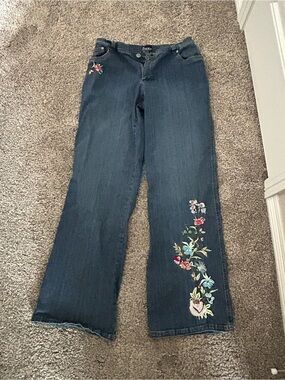 Y2K NY Collection Dark Blue Flare Jeans with Floral Embroidery
